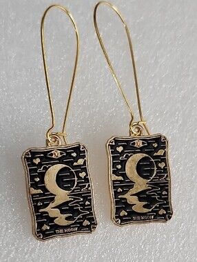 Hand Crafted Gold and Black Moon Tarot Drop Earrings